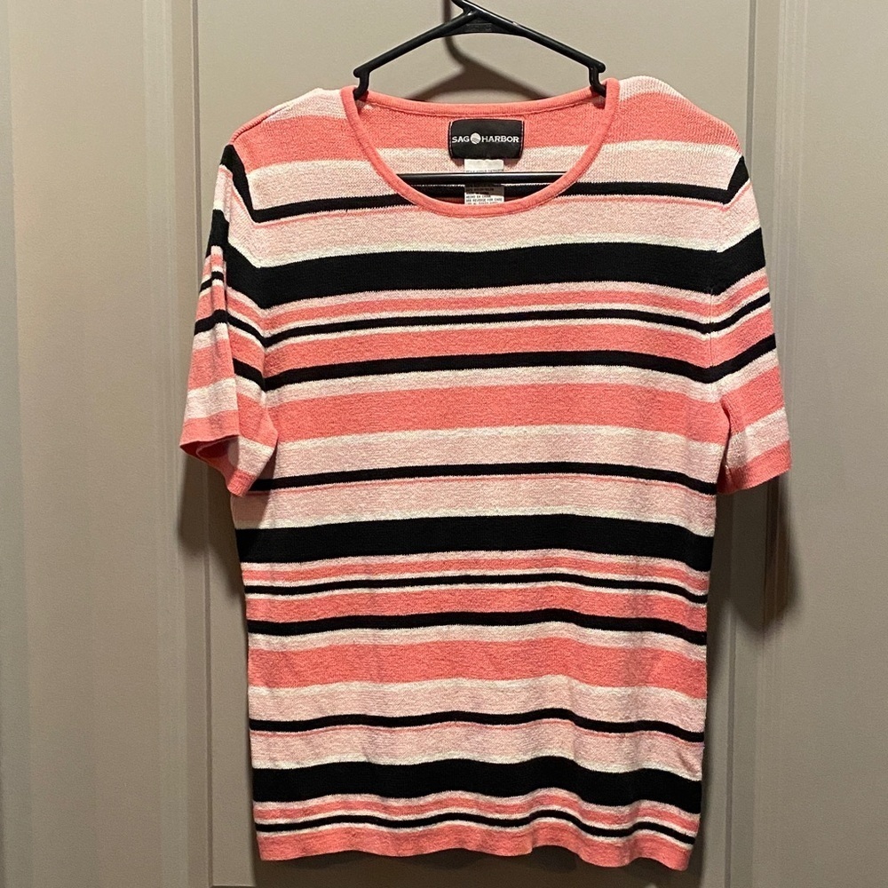 Sag Harbor Coral Striped Top Knit Short Sleeve Preppy Coastal Casual L